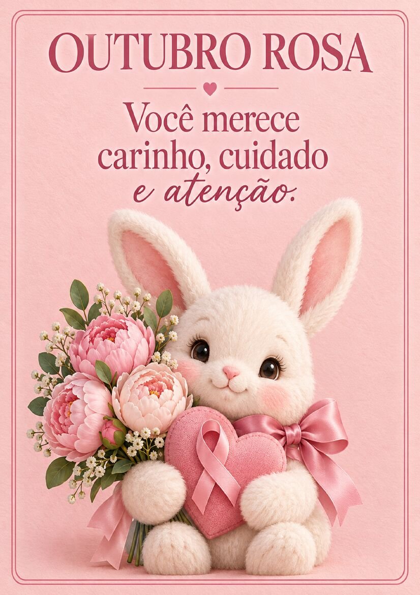 Mensagem Outubro Rosa com coelhinha branca segurando coração rosa e buquê de flores, acompanhada de frase sobre carinho e cuidado